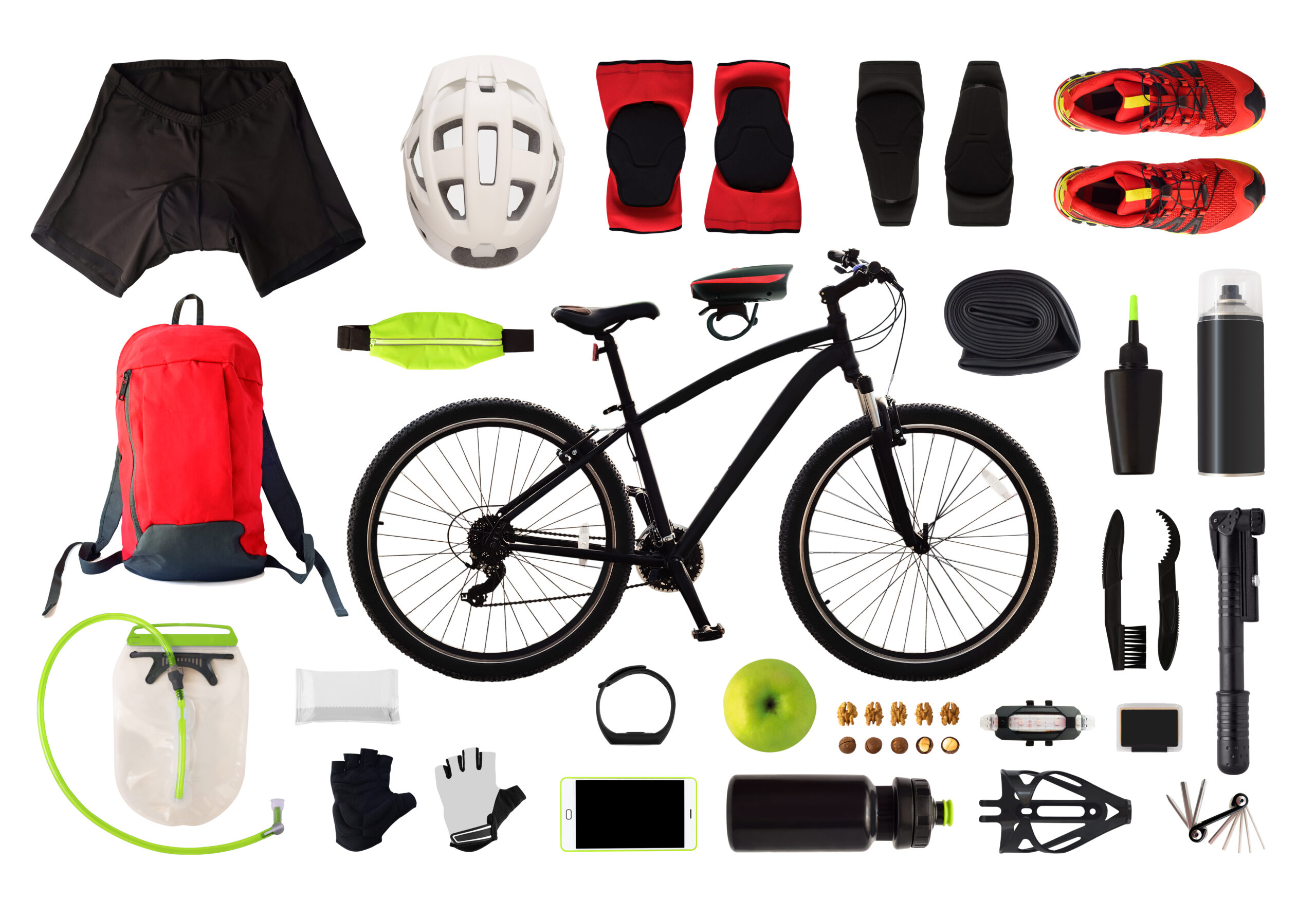 Flat lay of bicycle equipment and accessories isolated on white background. Top view of bike clothes and gear